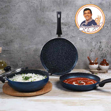 Load image into Gallery viewer, Sigma Non-stick Cookware Set, 4Pc (Kadhai with Lid, Dosa Tawa, Fry Pan), Induction Bottom, Cool Touch Bakelite Handles, Virgin Aluminium, PFOA Free, 2 Years Warranty, Midnight Blue
