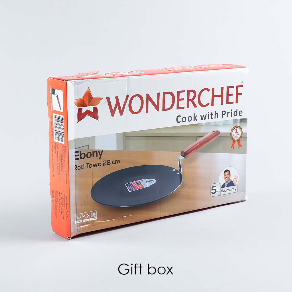 Ebony 28 cm Roti Tawa | Induction Bottom | Wooden Handle| Hard Anodized Aluminium | Non Stick Tawa | 4.06 mm| 5 Years Warranty | Black