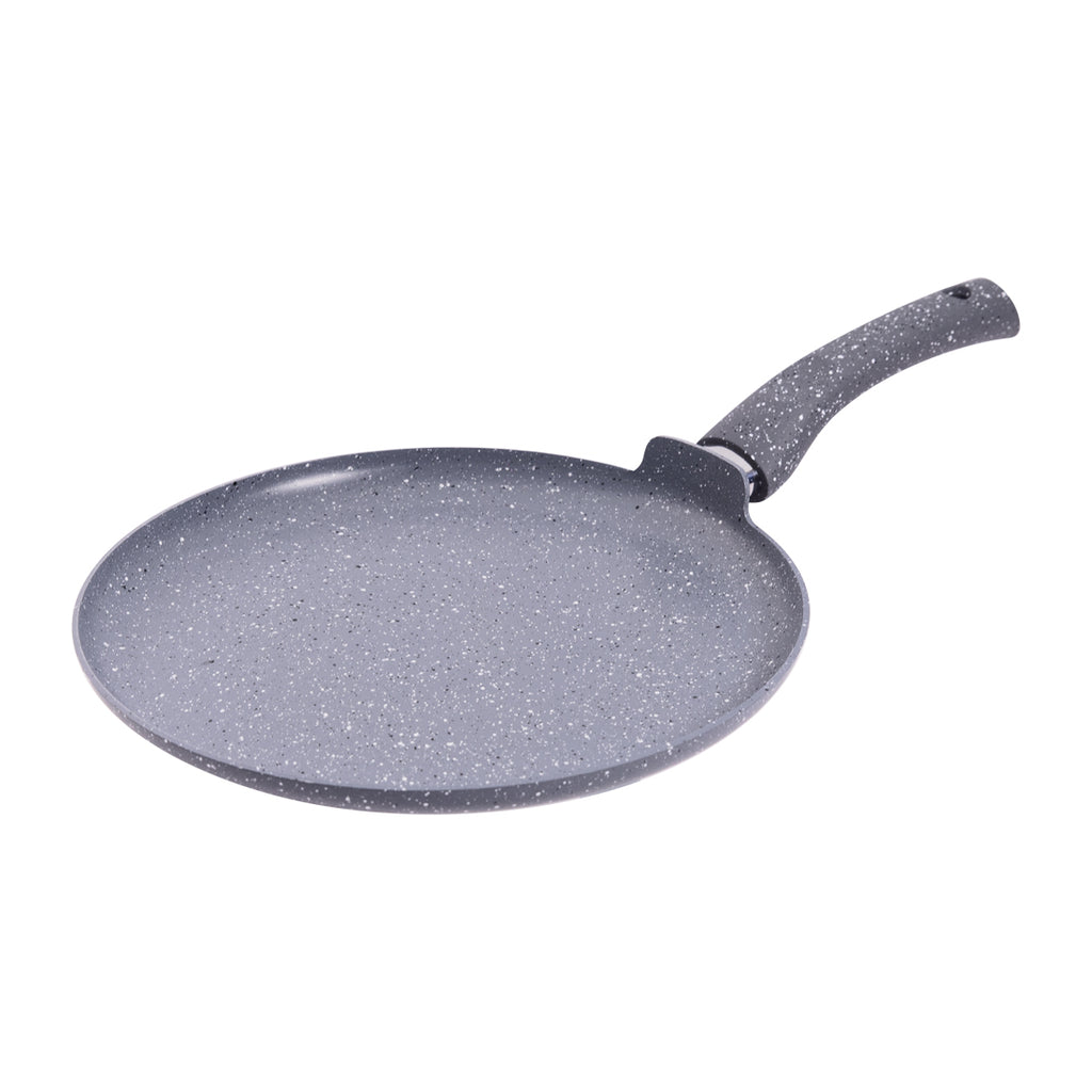 Granite Non-stick Cookware Set, 4Pc (Fry Pan with Lid, Wok, Dosa Tawa), Induction Bottom, Soft-touch Handles, Virgin Grade Aluminium, PFOA/Heavy metals free, 3.5mm, 2 years warranty, Grey