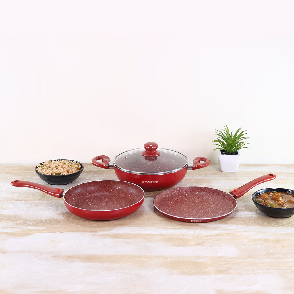 Ruby Plus Cookware Set, 4pc (Dosa Tawa, Fry Pan, Kadhai with Lid), Induction Friendly, Virgin Aluminum,  PFOA/Heavy metal free, 2 Years Warranty,  Dark Red