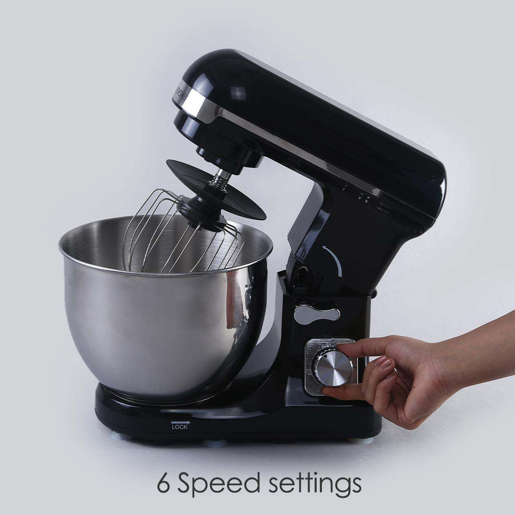 Crimson Edge Die-Cast Metal Kitchen Stand Mixer and Beater with 6 Speed Settings | 1000W Powerful Copper Motor | 5L SS Bowl | Whisking Cone, Mixing Beater, Dough Hook Attachments & Splash Guard | Home Cooks & Professional Bakers | 3 Year Warranty | Black