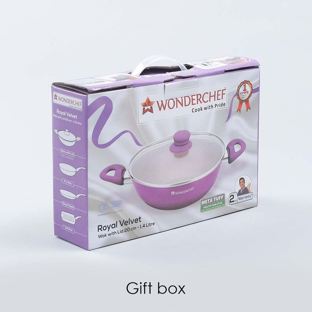 Royal Velvet 20 cm Non-Stick Wok with Lid and Induction Bottom | Soft-Touch Handle | Virgin Grade Aluminium | PFOA and Heavy Metals Free | 3 mm thick | 1.4 litres | 2 Years Warranty | Purple