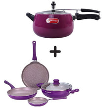 Load image into Gallery viewer, Regalia Induction Base 5L Pressure Cooker with Inner Lid &amp; Royal Velvet Non-stick Cookware Set, 5Pc - Purple