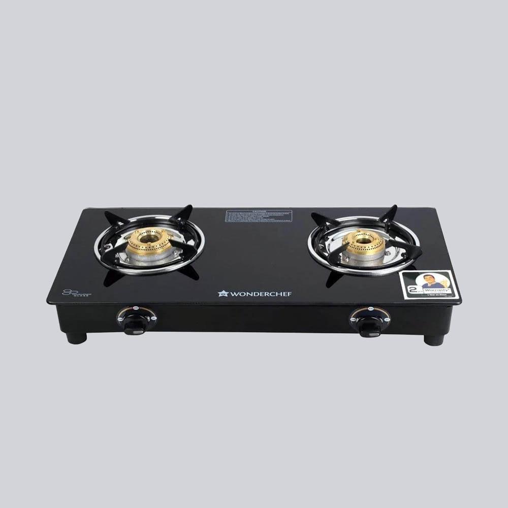 Ruby 2 Burner Glass Cooktop,  Black 7mm Toughened Glass with 1 Year Warranty, Ergonomic Knobs, Efficient Brass Burners, Stainless-steel Spill Tray, Manual Ignition