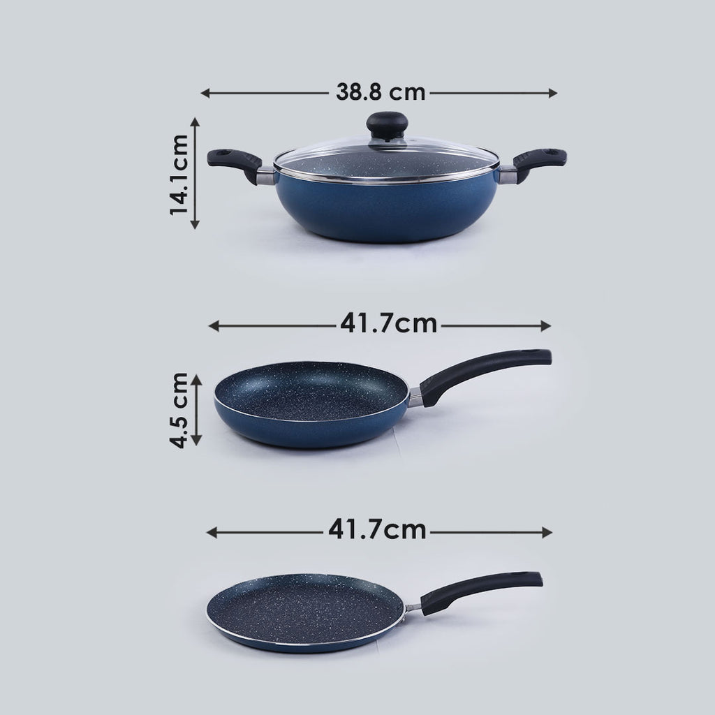 Sigma Non-stick Cookware Set, 4Pc (Kadhai with Lid, Dosa Tawa, Fry Pan), Induction Bottom, Cool Touch Bakelite Handles, Virgin Aluminium, PFOA Free, 2 Years Warranty, Midnight Blue
