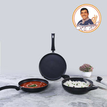 Load image into Gallery viewer, Platinum Plus Non-stick Cookware Set, 4Pc (Kadhai with Lid, Fry Pan, Dosa Tawa), Induction Bottom, Cool-touch Bakelite Handle, Pure Grade Aluminium, PFOA/Heavy Metals Free, 1 Year Warranty, Black