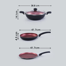 Load image into Gallery viewer, Sigma Non-stick Cookware Set, 4Pc (Kadhai with Lid, Dosa Tawa, Fry Pan), Induction Bottom, Cool Touch Bakelite Handles, Virgin Aluminium, PFOA Free, 2 Years Warranty, Red and Black