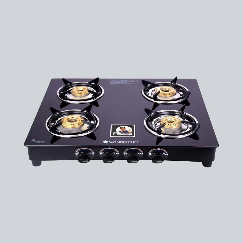 Power 4 Burner Glass Cooktop, Black 6mm Toughened Glass with 1 Year Warranty, Ergonomic Knobs, Tri Pin Brass Burner, Stainless-steel Spill Tray, Manual Ignition