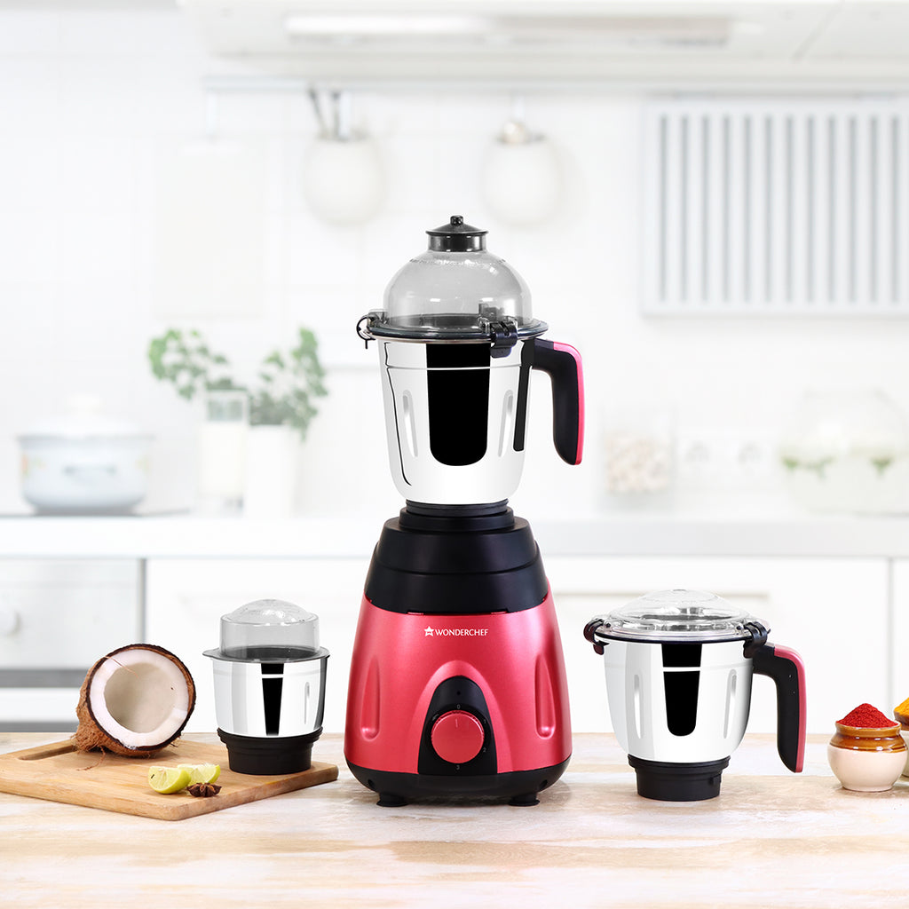 Vietri Mixer Grinder 750W with 3 Thick Steel Jars, Stainless Steel Sharp Blades, Secure Lid, 3 Speed Settings, 5 years Warranty on Motor, Black & Red