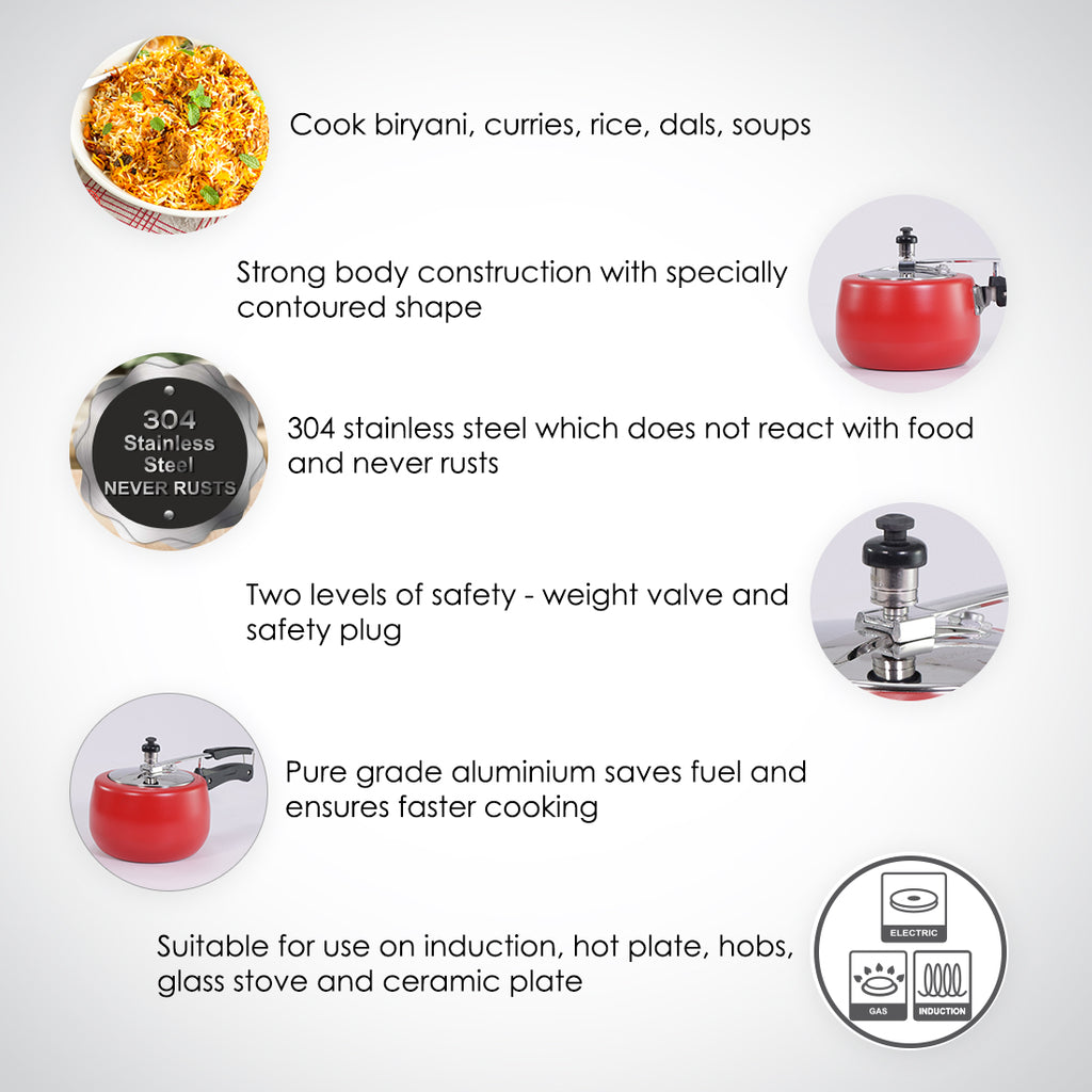 Regalia Induction Base 3L Pressure Cooker with Inner Lid, 2 Years Warranty, Red