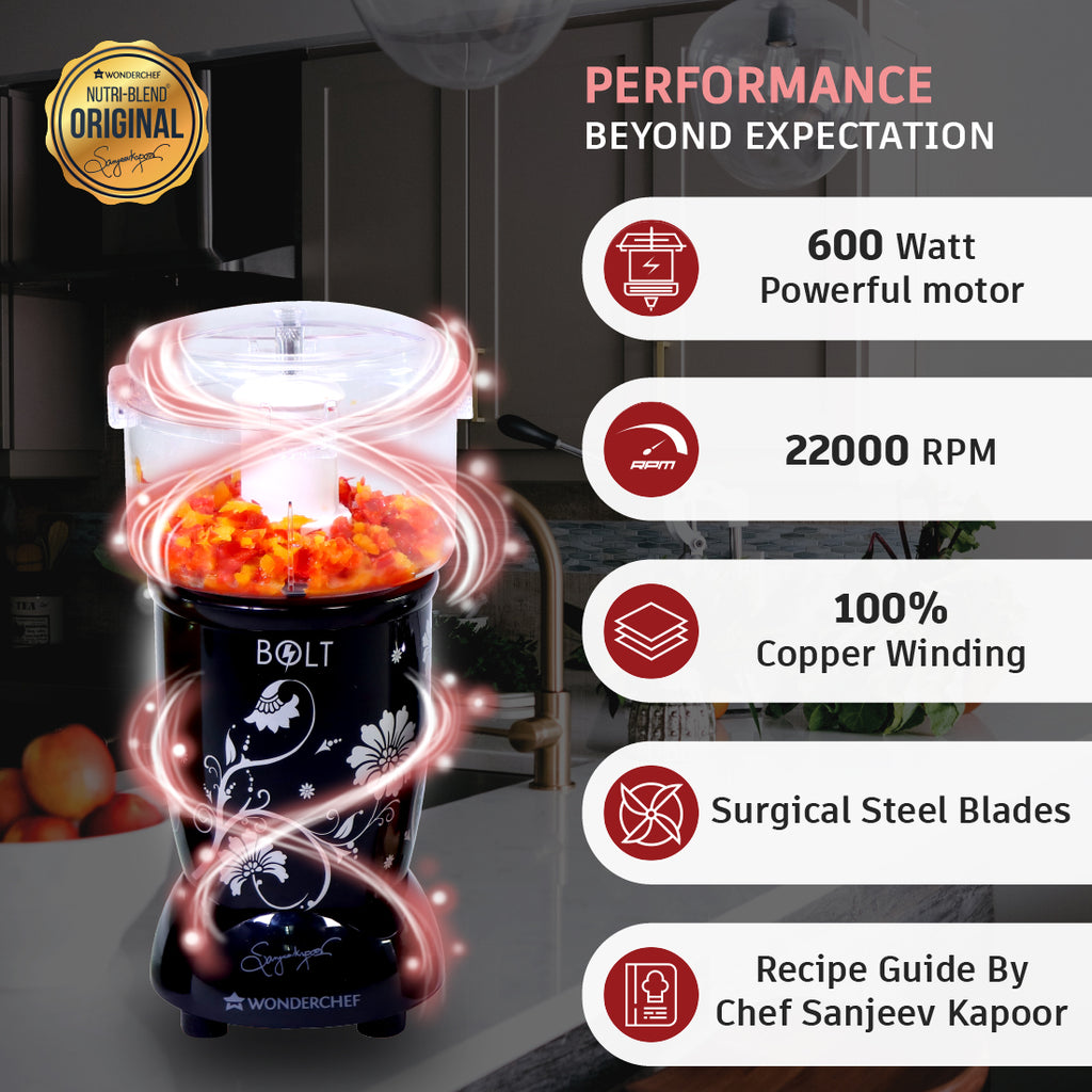 Nutri-blend BOLT-600W CKM Mixer with Chopper, Stronger & Swifter with Sipper Lid, 22000RPM 100% Full Copper Motor, 4 Unbreakable Jars, Sharper Steel Blades, Recipe Book by Chef Sanjeev Kapoor