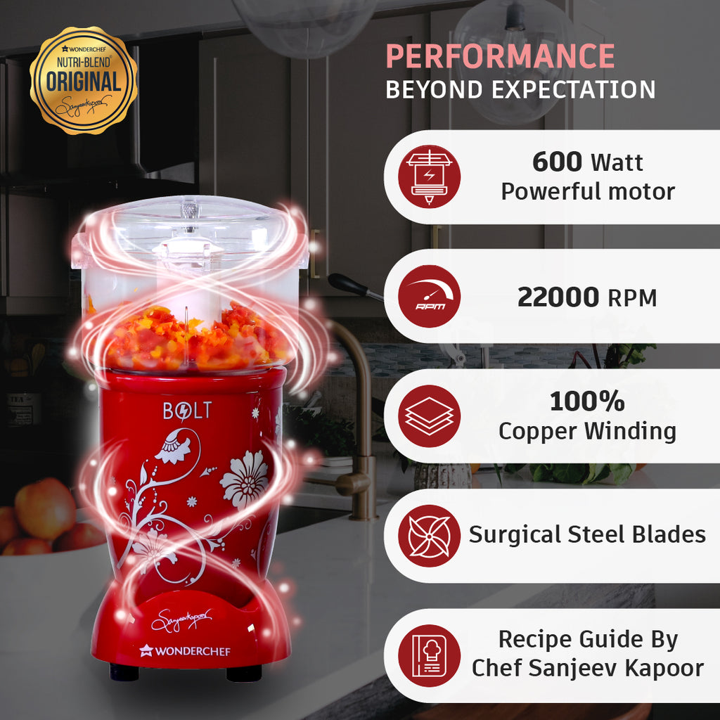 Nutri-blend BOLT-600W CKM Mixer with Chopper, Stronger & Swifter with Sipper Lid, 22000RPM 100% Full Copper Motor, 4 Unbreakable Jars, Sharper Steel Blades, Recipe Book by Chef Sanjeev Kapoor