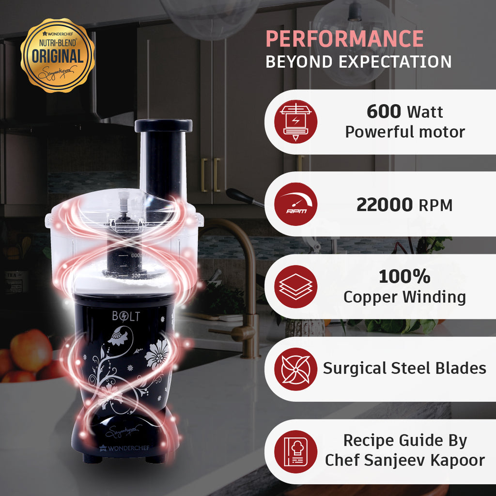 Nutri-blend BOLT-600W Mixer With Food Processor & Atta Kneader, Stronger & Swifter With Sipper Lid, 22000RPM 100% Full Copper Motor, 4 Unbreakable Jars, Sharper Steel Blades, 2 Yrs Warranty, Black, Recipe Book By Chef Sanjeev Kapoor