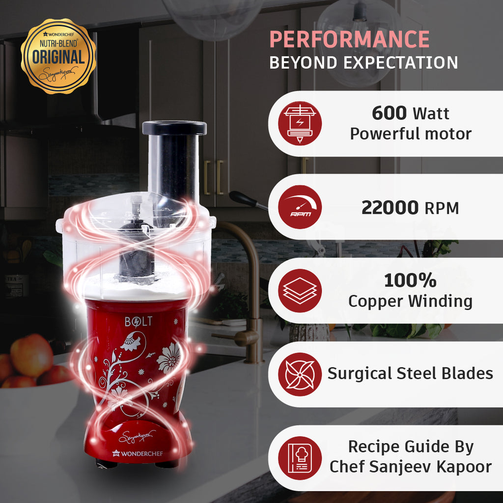 Nutri-blend BOLT-600W Mixer With Food Processor & Atta Kneader, Stronger & Swifter With Sipper Lid, 22000RPM 100% Full Copper Motor, 4 Unbreakable Jars, Sharper Steel Blades, 2 Yrs Warranty, Red, Recipe Book By Chef Sanjeev Kapoor