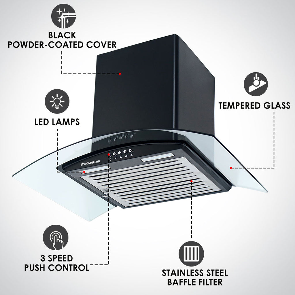 Power Curve wall-mount 60cm Chimney Black, 1000m3/h suction capacity, 3 speed push control, Low noise, Baffle Filter | 7 Years Warranty on Motor | 1 Year Comprehensive Warranty on Product