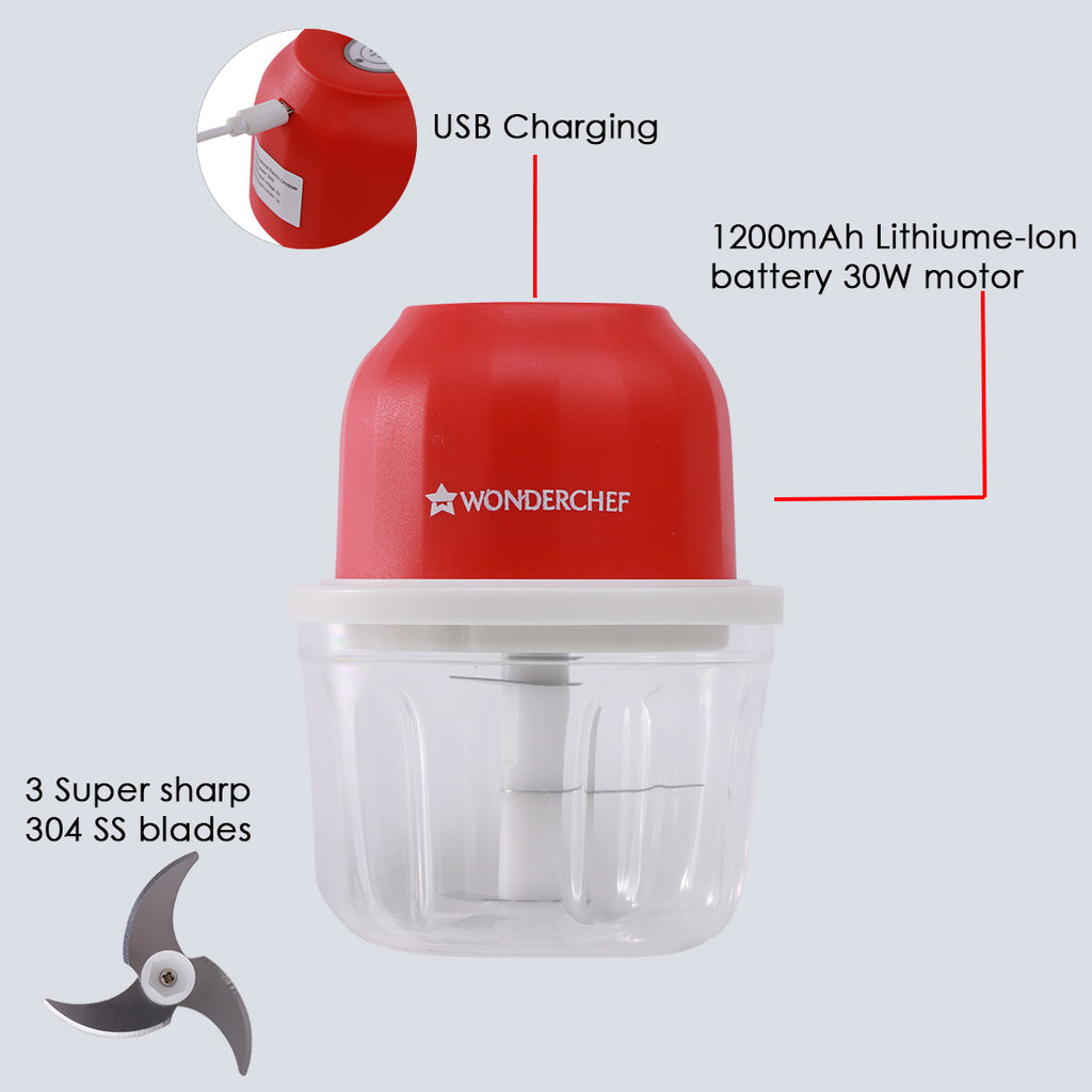 Zippy Rechargeable Wireless Electric Cordless Chopper, Stainless Steel Blades, One Touch Operation, 10 Seconds Chopping, Mincing Vegetable, Meat - 350 ML, 30 Watts, 1 Year Warranty