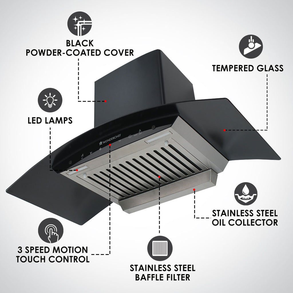 Power Curve Wall-Mount Chimney| Auto Clean Function| 1200M3/H | Suction Capacity| 3 Speed Motion| Gesture and Touch Control| Oil Collector| Low Noise| 90cms | Stainless Steel Baffle Filter|Black