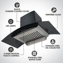 Load image into Gallery viewer, Power Curve Wall-Mount Chimney| Auto Clean Function| 1200M3/H | Suction Capacity| 3 Speed Motion| Gesture and Touch Control| Oil Collector| Low Noise| 90cms | Stainless Steel Baffle Filter|Black