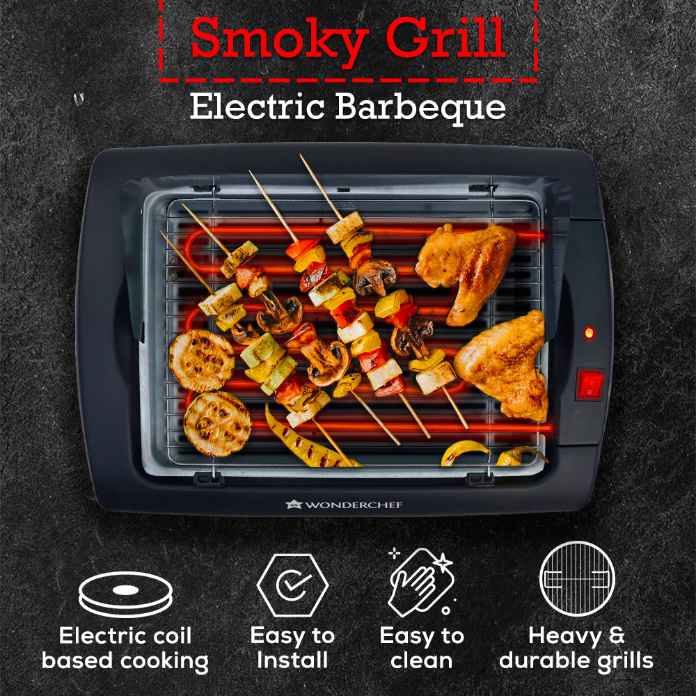 Smoky Grill Non-Stick Electric Barbeque(BBQ) with Adjustable Stand| Wide Grill Tray| Smoke Free Griller, Frying, Tandoori Maker for Indoor, Outdoor, Camping, Parties| Portable, Sleek & Compact, Lightweight Appliance| 2000 Watt| 1 Year Warranty