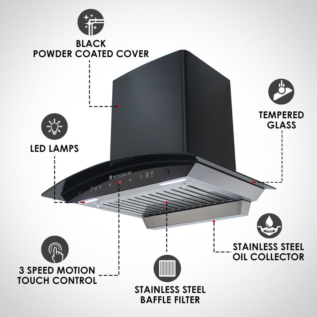 Power Curve wall-mount Chimney 60cm - Black, Auto Clean function 1200m3/h suction capacity, 3 speed Gesture and touch control, with Oil collector, Low noise | 7 Years Warranty on Motor | 1 Year Comprehensive Warranty on Product