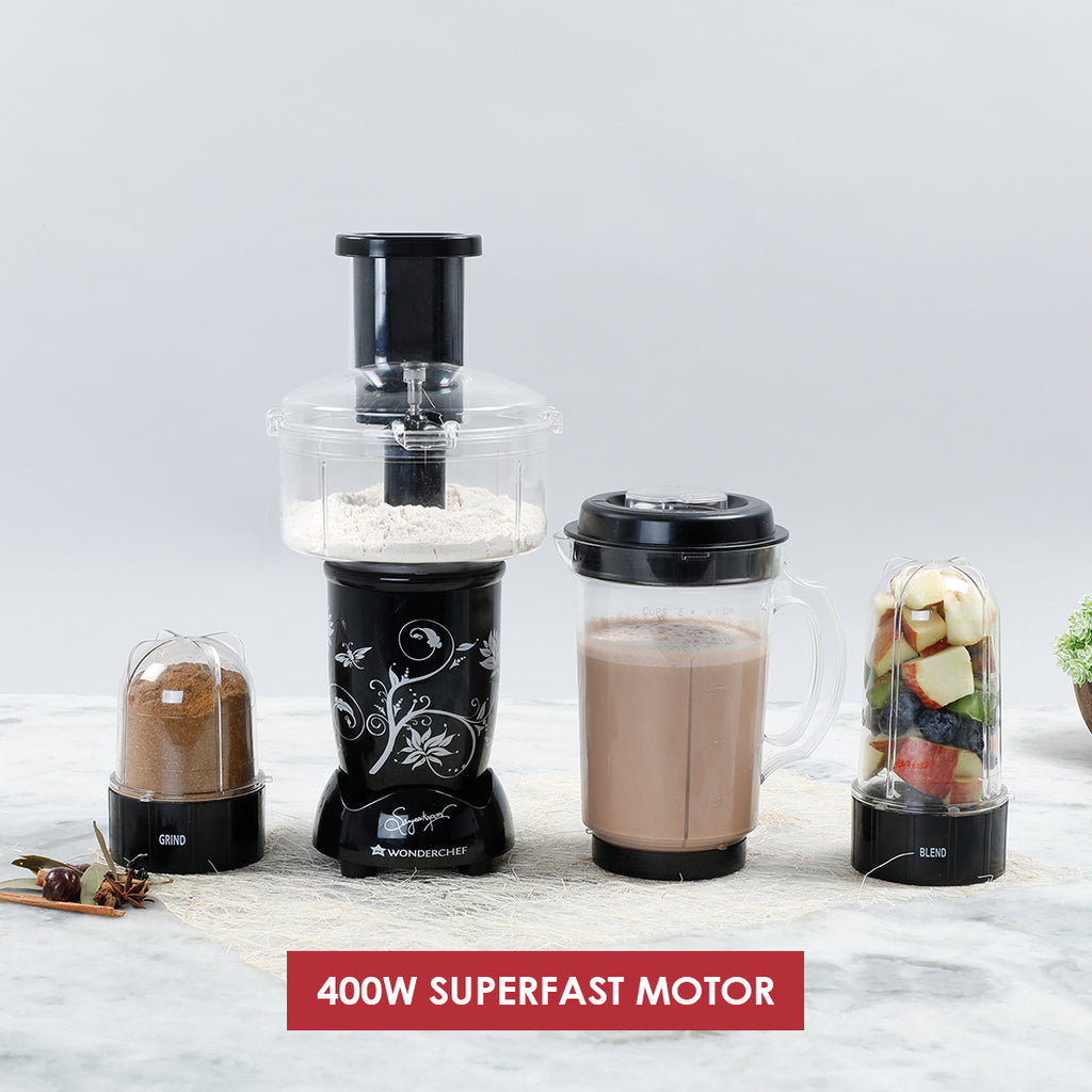 Nutri-blend Juicer, Mixer, Grinder, Smoothie Maker | Compact Food Processor with Atta Kneader | 400W 22000 RPM 100% Full Copper Motor | SS Blades | 4 Unbreakable Jars | 2 Years Warranty | Recipe Book By Chef Sanjeev Kapoor | Black