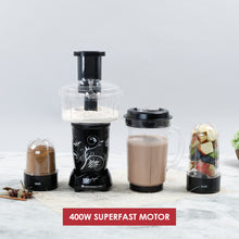 Load image into Gallery viewer, Nutri-blend Juicer, Mixer, Grinder, Smoothie Maker | Compact Food Processor with Atta Kneader | 400W 22000 RPM 100% Full Copper Motor | SS Blades | 4 Unbreakable Jars | 2 Years Warranty | Recipe Book By Chef Sanjeev Kapoor | Black