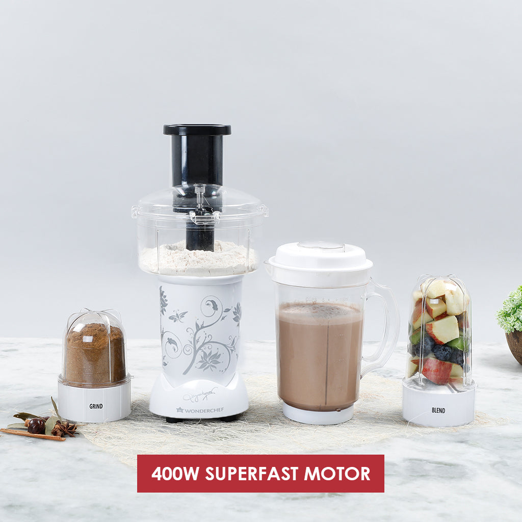 Nutri-blend Juicer, Mixer, Grinder, Smoothie Maker | Food Processor with Atta Kneader | 400W 22000 RPM 100% Full Copper Motor | SS Blades | 4 Unbreakable Jars | 2 Years Warranty | Recipe Book By Chef Sanjeev Kapoor | White