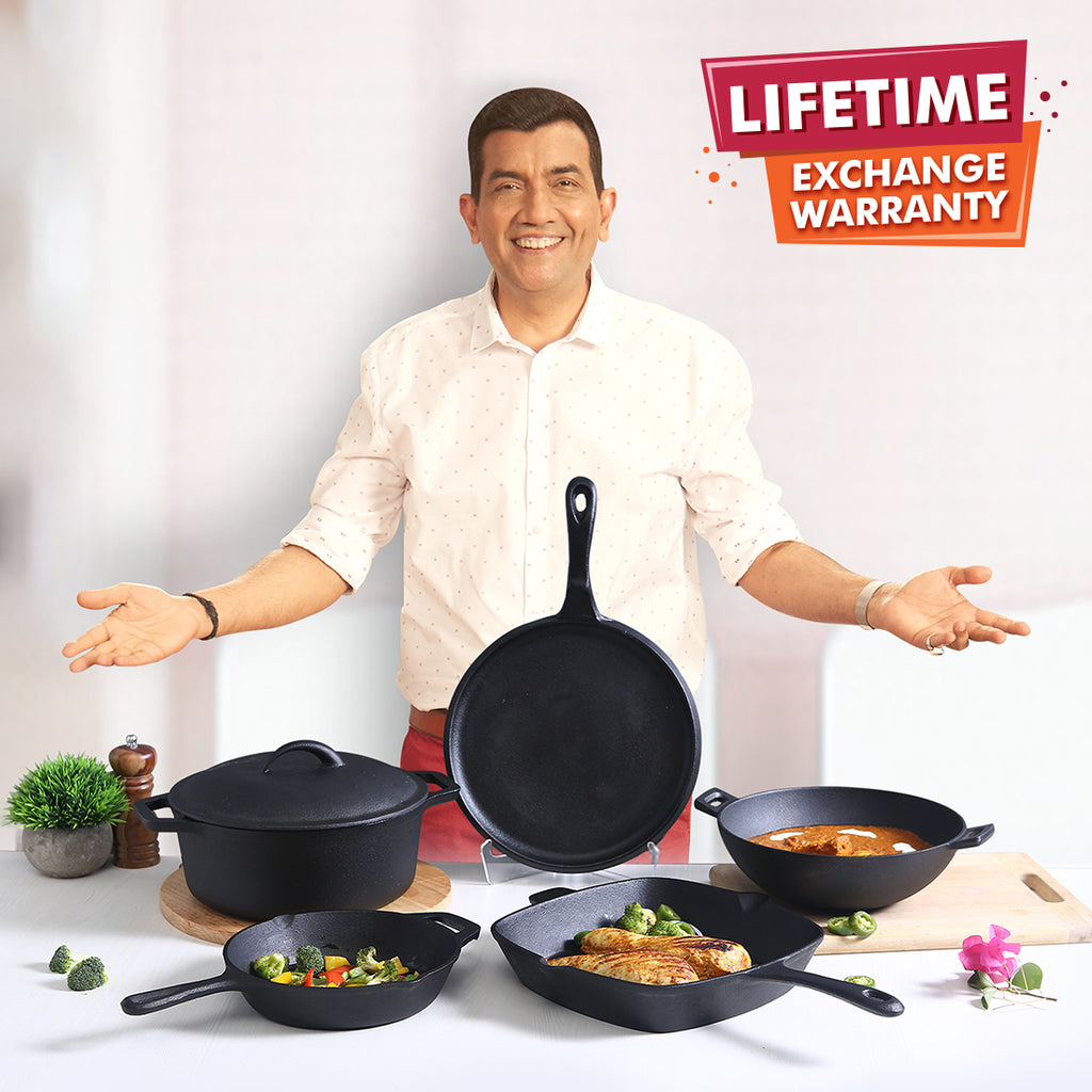 Forza Cast-iron Kadhai with lid combo, Pre-Seasoned Cookware, Induction Friendly, 30cm, 3.35L, 3.8mm