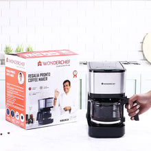 Load image into Gallery viewer, Regalia Pronto Coffee Maker 600W | Coffee Brewer Machine for Home &amp; Office | 750ml Borosilicate Glass Carafe | 3-in-1 Filter Coffee, Espresso, Cappuccino | Auto Shut Off | 6 Cups Coffee | Perfect Gifting Option | Black &amp; Silver| 2 Year Warranty
