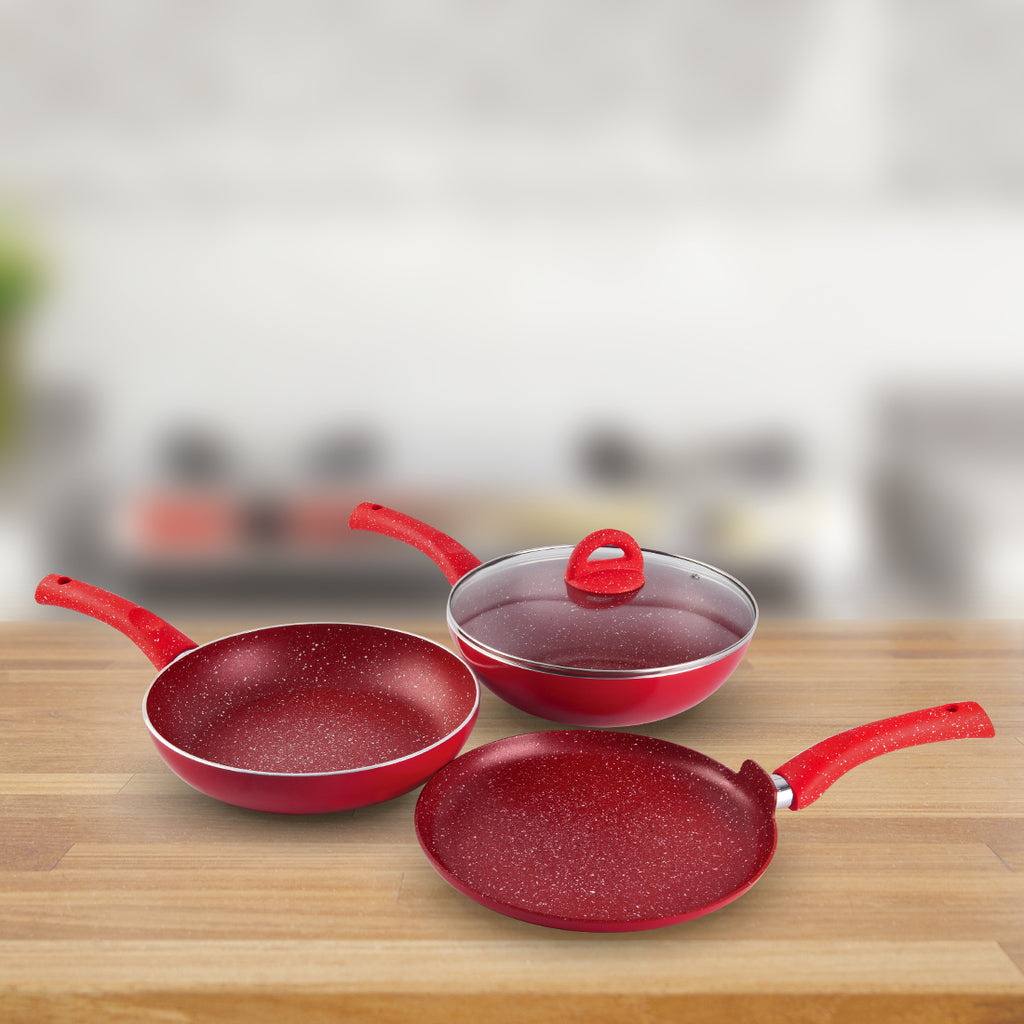 Granite Non-stick Cookware Set, 4Pc (Frying Pan With Lid, Wok, Dosa Tawa), Induction Bottom, Pure Grade Aluminium, PFOA, 3.5mm, 2 Years Warranty, Red