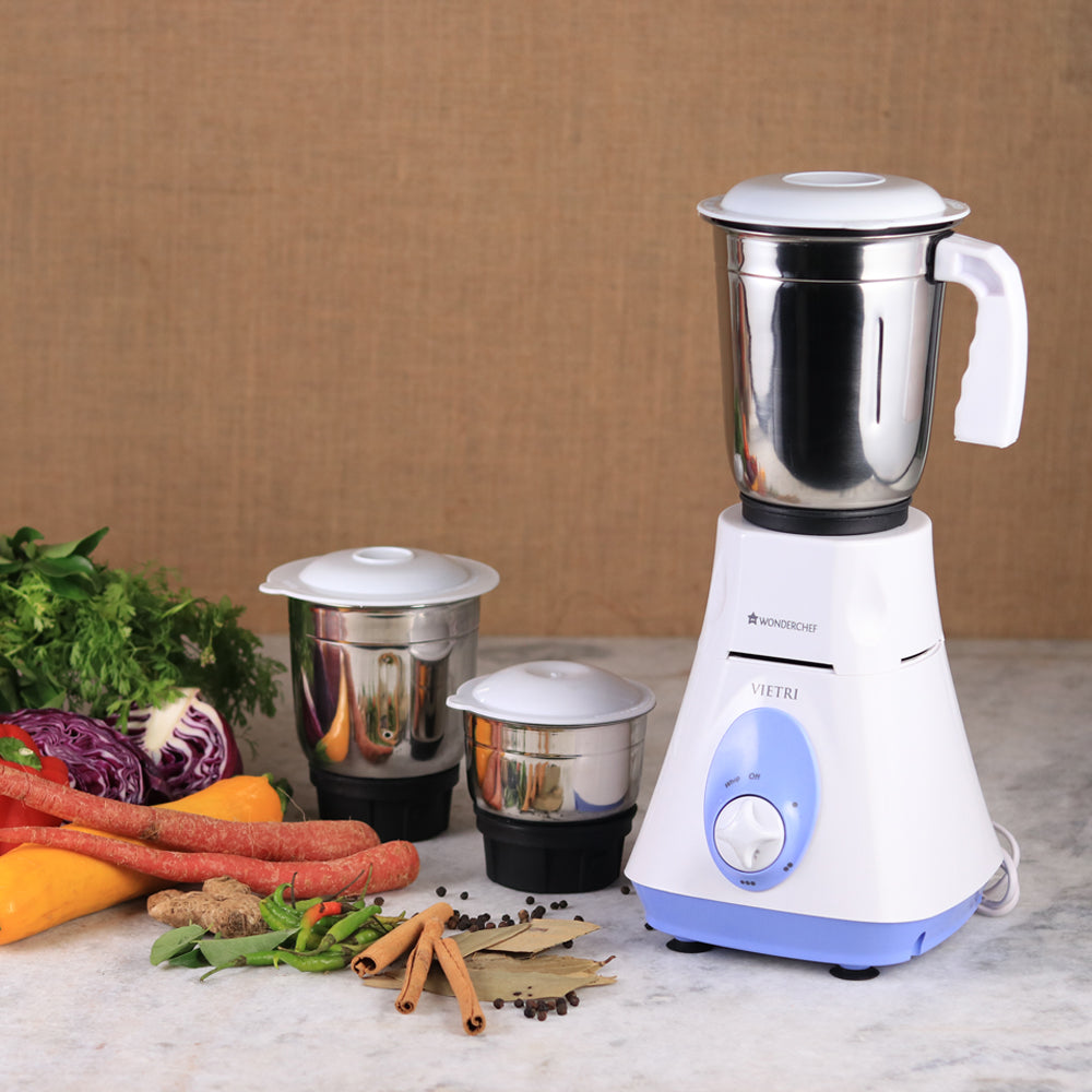 Wonderchef Vietri Mixer Grinder 500W With 3 Stainless Steel Jars (White & Blue)