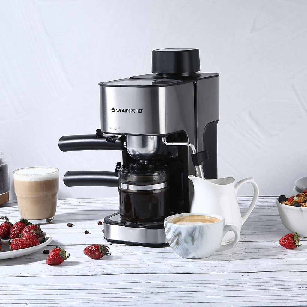 Regalia Espresso Coffee Maker 5 Bar I With Steamer for Cappuccino & Latte | Steam Tube for Froth I Metal Porta Filter & Heat-Resistant Carafe|Stainless Steel Body|Professional Style Coffee| Works with Coffee Powder| 2 Year Warranty| Black & Silver