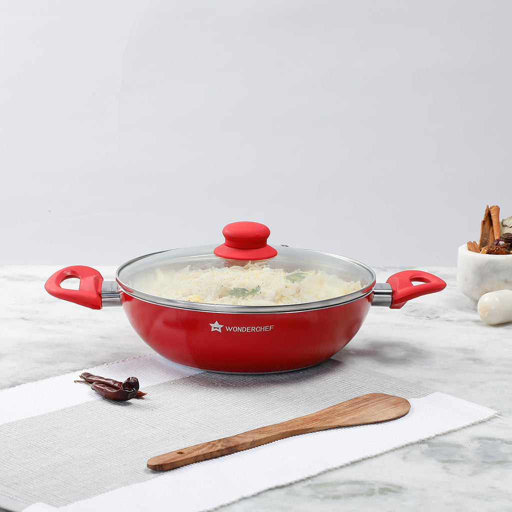 Royal Velvet 26 cm Non-Stick Kadhai with Lid | Induction Bottom | Soft-Touch Handle | Virgin Grade Aluminium |  PFOA and Heavy Metals Free| 3 mm Thickness | 3.2 litres | 2 Years Warranty | Red