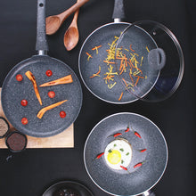 Load image into Gallery viewer, Granite Non-stick Cookware Set, 4Pc (Fry Pan with Lid, Wok, Dosa Tawa), Induction Bottom, Soft-touch Handles, Virgin Grade Aluminium, PFOA/Heavy metals free, 3.5mm, 2 years warranty, Grey