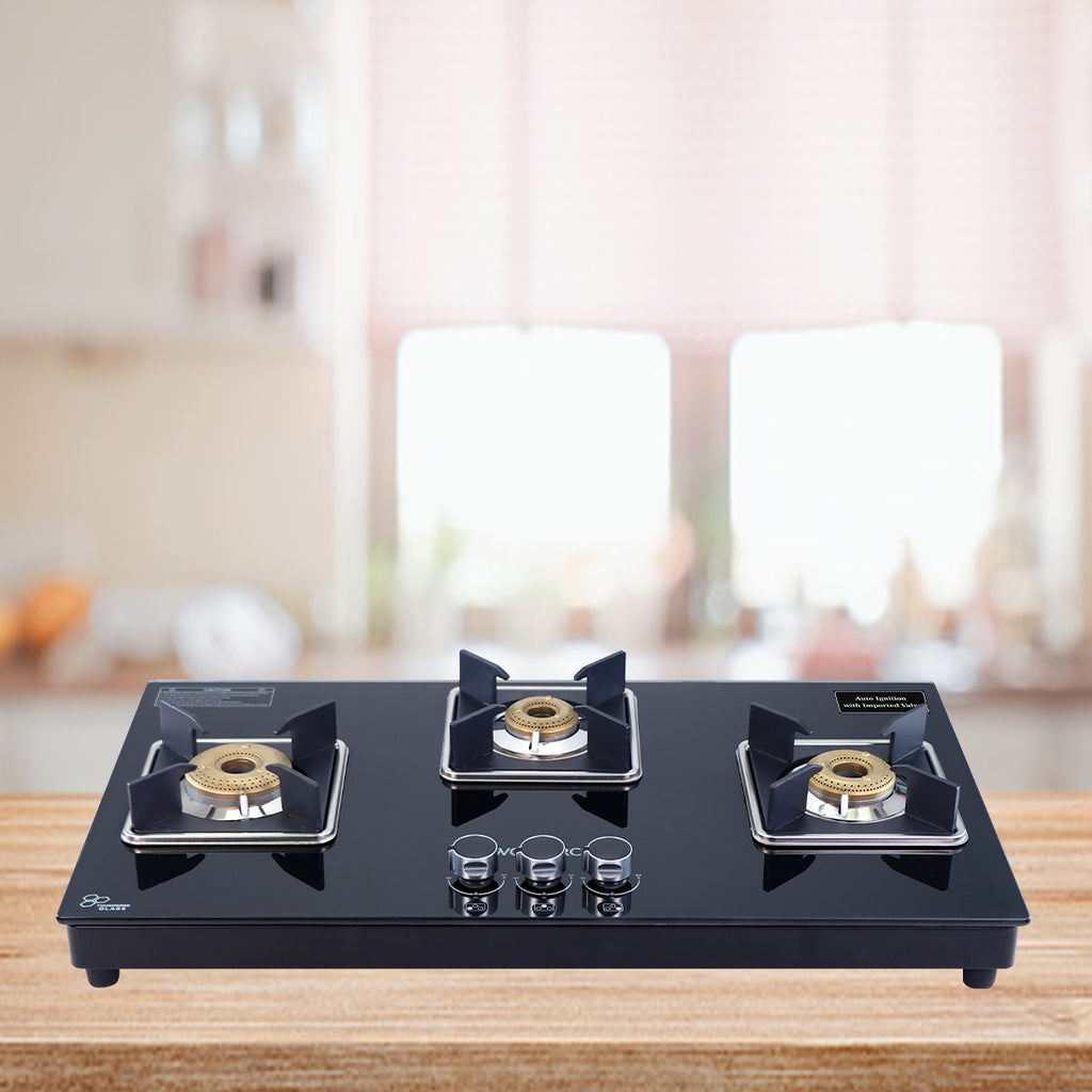 Octavia 3 Burner Glass Hob Top Auto Cooktop | 8mm Toughened Glass | Auto Ignition | Forged Brass Burners | Stainless Steel Drip Tray | Anti-Skid Legs | Large & Heavy Pan support | LPG compatible | Black steel frame | 2 Year Warranty | Black