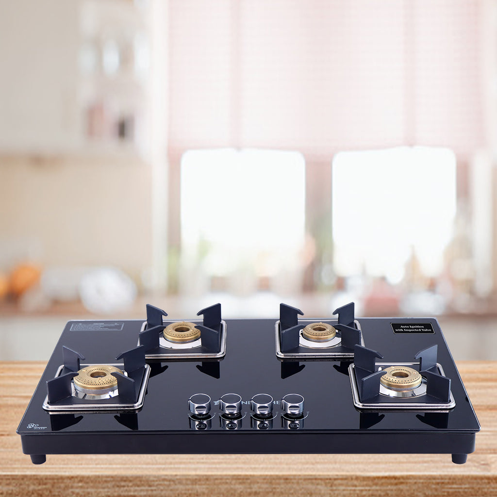Octavia 4 Burner Glass Hob Top Auto Cooktop | 8mm Toughened Glass | Auto Ignition | Forged Brass Burners | Stainless Steel Drip Tray | Anti-Skid Legs | Large & Heavy Pan support | LPG compatible | Black steel frame | 2 Year Warranty | Black
