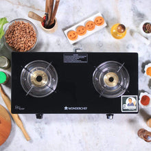 Load image into Gallery viewer, Power 2 Burner Glass Cooktop, Black 6mm Toughened Glass with 1 Year Warranty, Ergonomic Knobs, Tri Pin Brass Burner, Stainless-steel Spill Tray, Manual Ignition
