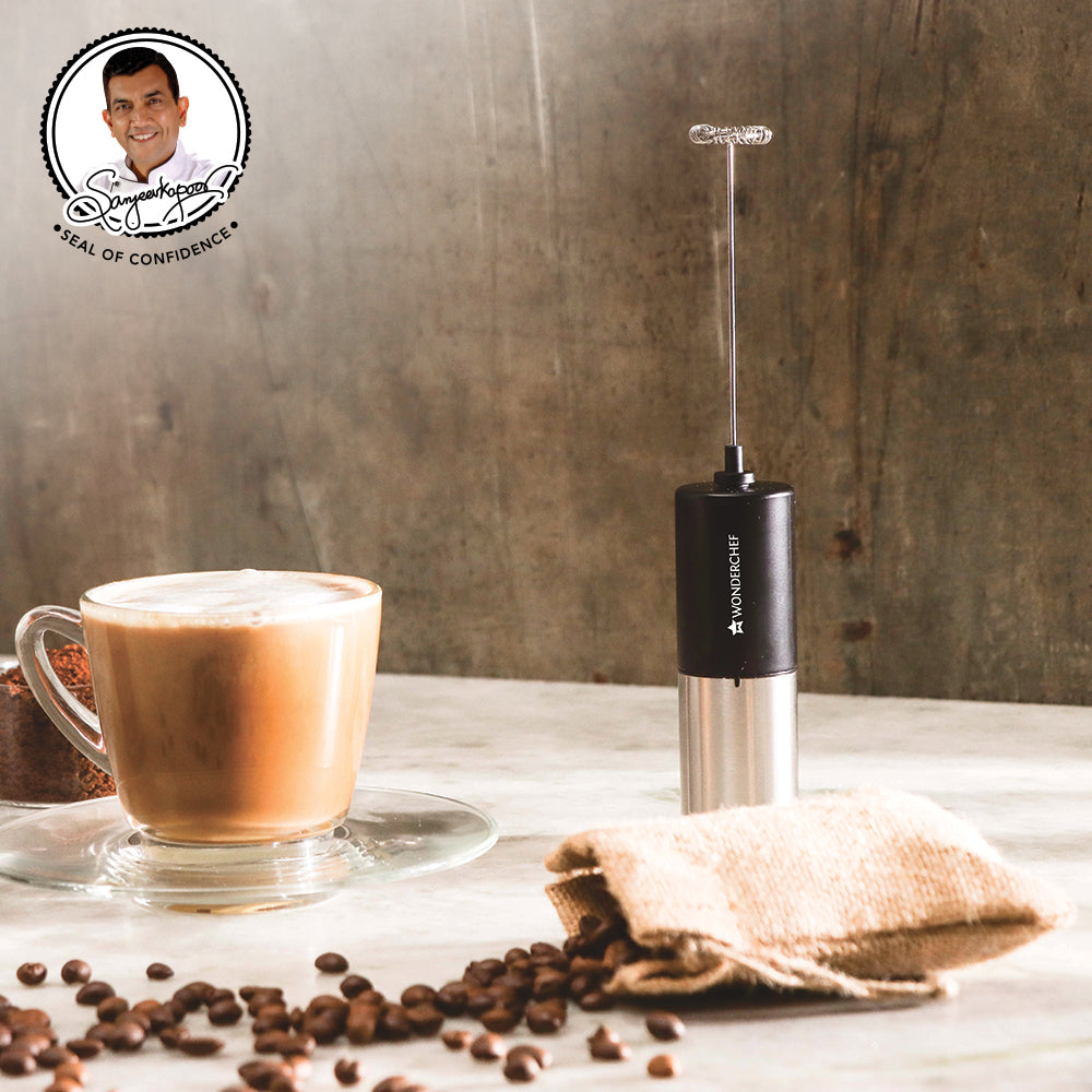 Bean Envy Milk Frother Coffee Battery Handheld Blender Drinks Black Silver