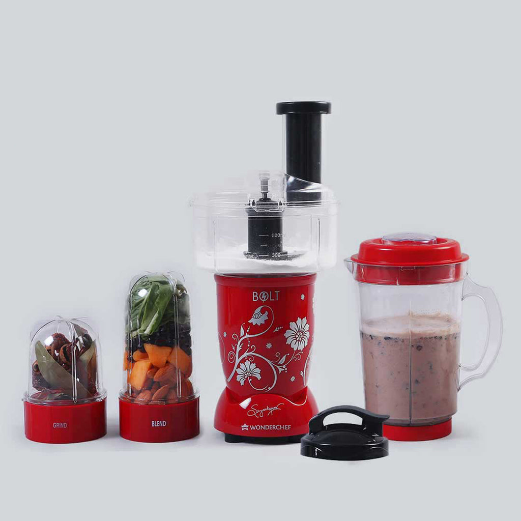 Nutri-blend BOLT-600W Mixer With Food Processor & Atta Kneader, Stronger & Swifter With Sipper Lid, 22000RPM 100% Full Copper Motor, 4 Unbreakable Jars, Sharper Steel Blades, 2 Yrs Warranty, Red, Recipe Book By Chef Sanjeev Kapoor