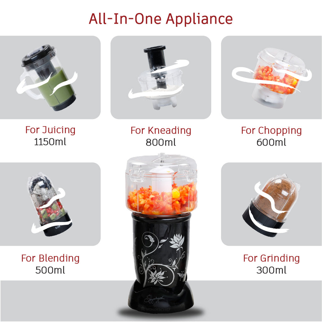 Nutri-blend Juicer, Mixer, Grinder, Smoothie Maker | Food Processor with Atta Kneader | 400W 22000 RPM 100% Full Copper Motor | SS Blades | 4 Unbreakable Jars | 2 Years Warranty | Recipe Book By Chef Sanjeev Kapoor | Black