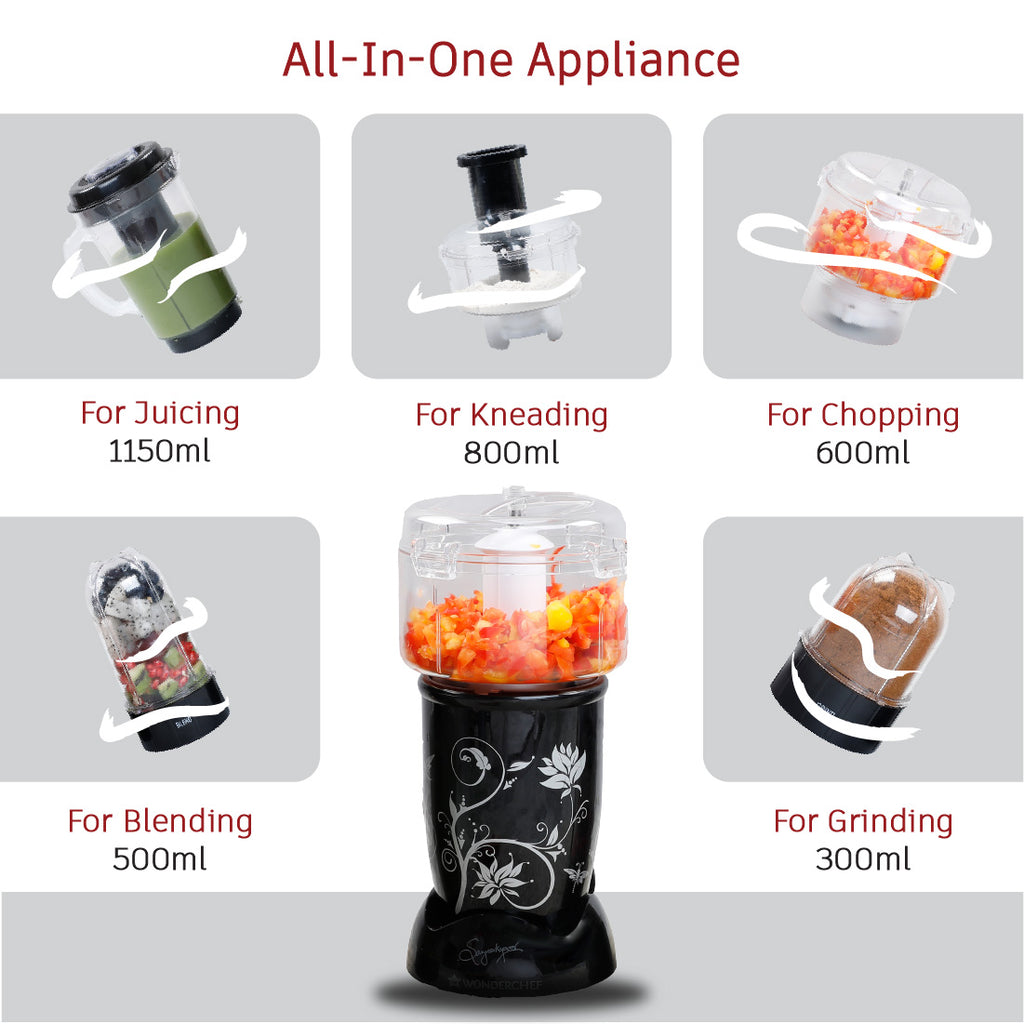 Nutri-blend Juicer, Mixer, Grinder, Smoothie Maker | Compact Food Processor with Atta Kneader | 400W 22000 RPM 100% Full Copper Motor | SS Blades | 4 Unbreakable Jars | 2 Years Warranty | Recipe Book By Chef Sanjeev Kapoor | Black