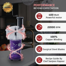 Load image into Gallery viewer, Nutri-blend Food Processor with Atta Kneader, 400W, 22000 RPM Mixer-Grinder, Blender, Chopper, Juicer, SS Blades, 4 Unbreakable Jars, 2 Years Warranty, Purple, E-Recipe Book By Chef Sanjeev Kapoor
