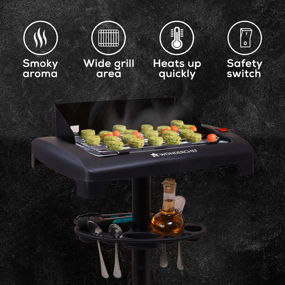 Smoky Grill Non-Stick Electric Barbeque(BBQ) with Adjustable Stand| Wide Grill Tray| Smoke Free Griller, Frying, Tandoori Maker for Indoor, Outdoor, Camping, Parties| Portable, Sleek & Compact, Lightweight Appliance| 2000 Watt| 1 Year Warranty