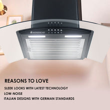 Load image into Gallery viewer, Power Curve wall-mount 60cm Chimney Black, 1000m3/h suction capacity, 3 speed push control, Low noise, Baffle Filter | 7 Years Warranty on Motor | 1 Year Comprehensive Warranty on Product