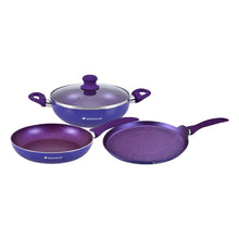 Load image into Gallery viewer, Blueberry Aluminium Non-Stick Cookware Set of 4 | Kadhai with Glass Lid 24cm, Fry Pan 24cm &amp; Dosa Tawa 25cm | Induction Friendly Cookware | Soft Touch Handle | Pure Grade Aluminium | PFOA Free | 2 Year Warranty | Blue