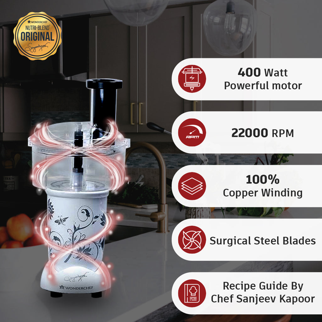 Nutri-blend Juicer, Mixer, Grinder, Smoothie Maker | Food Processor with Atta Kneader | 400W 22000 RPM 100% Full Copper Motor | SS Blades | 4 Unbreakable Jars | 2 Years Warranty | Recipe Book By Chef Sanjeev Kapoor | White
