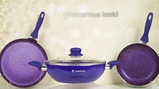 Blueberry Aluminium Non-Stick Cookware Set of 4 | Kadhai with Glass Lid 24cm, Fry Pan 24cm & Dosa Tawa 25cm | Induction Friendly Cookware | Soft Touch Handle | Pure Grade Aluminium | PFOA Free | 2 Year Warranty | Blue