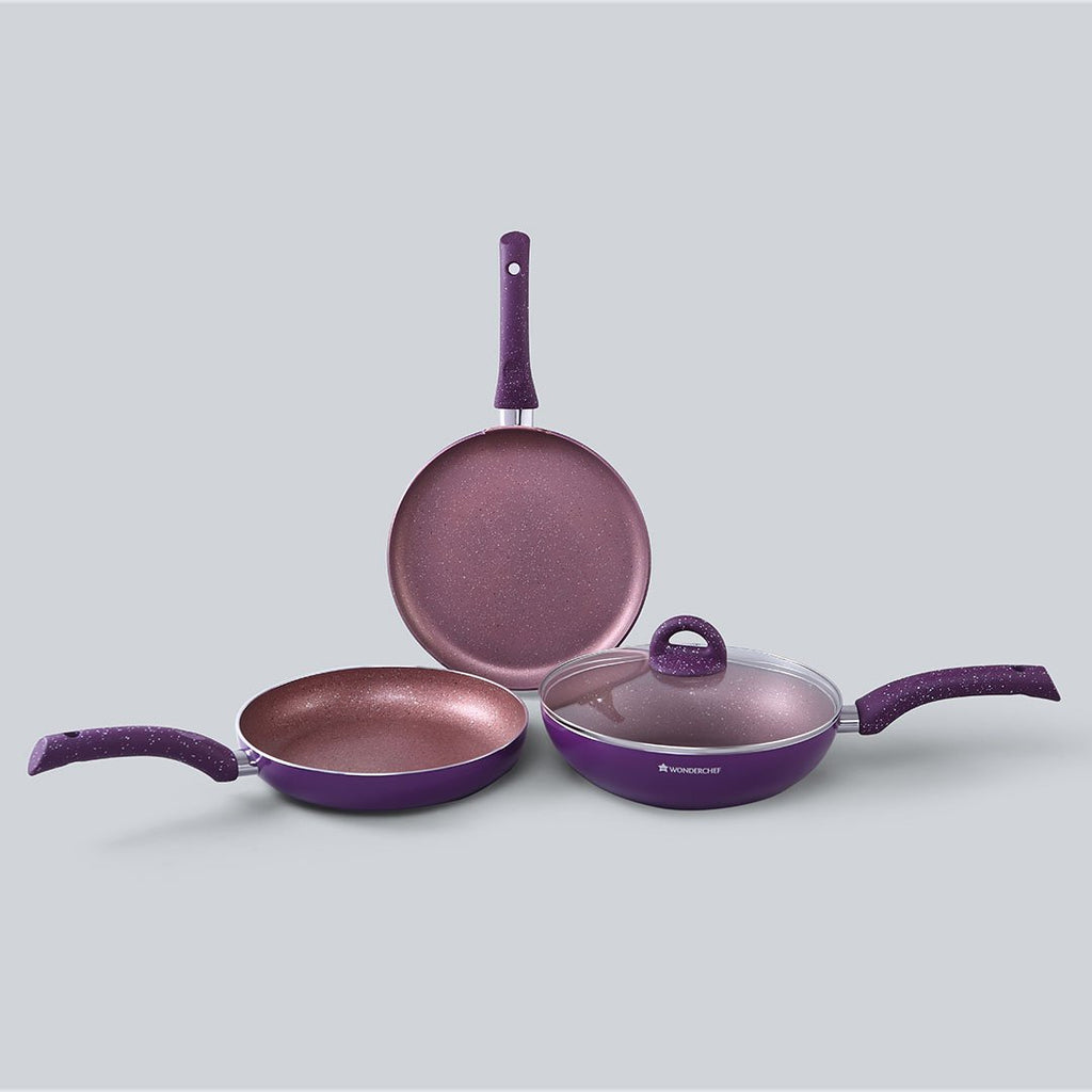 Granite Non-stick Cookware Set, 4Pc (Frying Pan With Lid, Wok, Dosa Tawa), Induction Bottom, Soft-Touch Handles, Pure Grade Aluminium, PFOA, 3.5mm, 2 Years Warranty, Purple