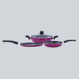 Trivia Premium Non-stick Cookware Set, 4Pc (Dosa Tawa, Fry Pan, Wok with Lid), Soft Touch Handle, Pure Grade Aluminum, PFOA Free, Induction Friendly, 2.6mm, 1 Years Warranty, Purple