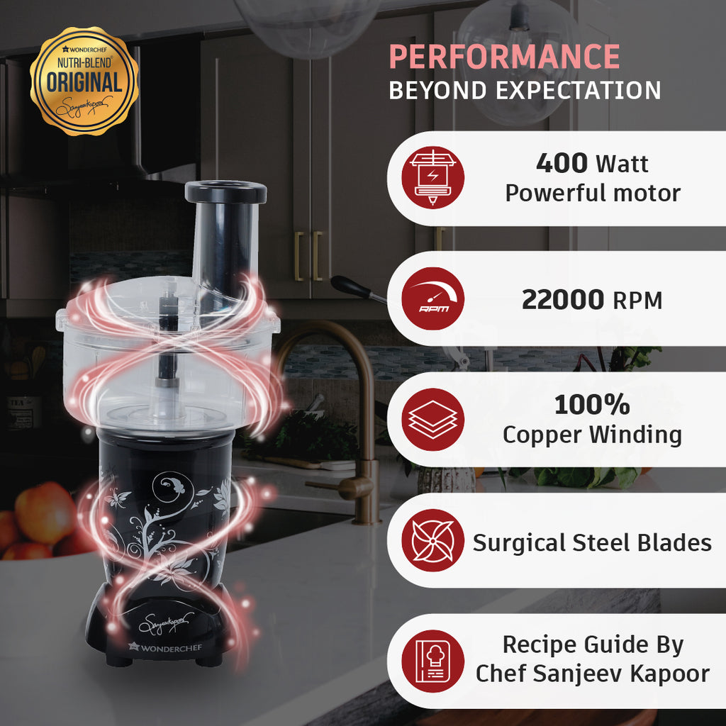 Nutri-blend Juicer, Mixer, Grinder, Smoothie Maker | Compact Food Processor with Atta Kneader | 400W 22000 RPM 100% Full Copper Motor | SS Blades | 4 Unbreakable Jars | 2 Years Warranty | Recipe Book By Chef Sanjeev Kapoor | Black